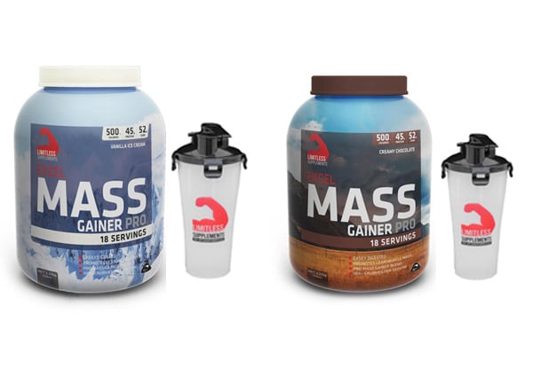 2.27kg Tub of Limitless Excel Mass Gainer Pro incl. Dual Shaker - Two Flavours Available