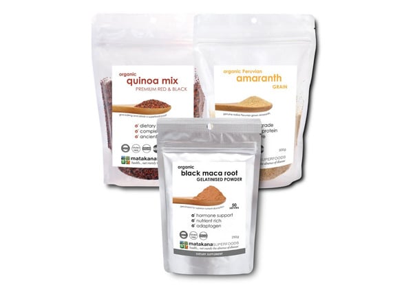 Ultimate Organic Superfood Three-Pack incl. Amaranth, Black Maca Root Powder & Red & Black Quinoa - Option for up to Four Three-Packs