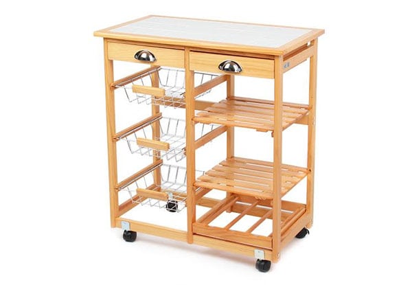 Three-Tier Solid Wood Kitchen Cart with Ceramic Tile Top