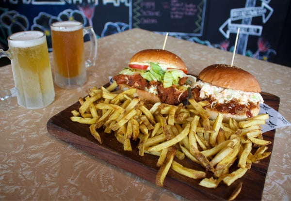 Two Al's Deli Gourmet Burgers OR Two Half Rack Ribs, One Regular Side of Fries & Two Craft Beers or House Wines