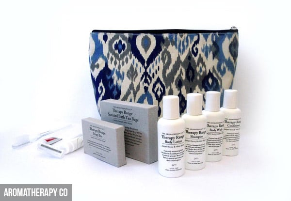 $25 for an Aromatherapy Co or Koha Spa Luxury Travel Kit in Blue Ikat Toiletry Bag (value $44.95)