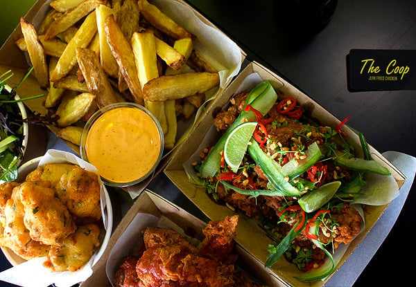 GRAND OPENING: Jerk Fried Chicken Tasting Box for Two incl. Hand-Cut Fries, Hushpuppies, Salad, and Drinks