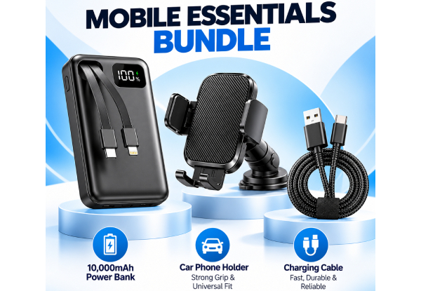 Mobile Essentials Bundle incl. HOCO J132 10,000mAh 22.5W Fast-Charging Power Bank with LED Display & Two Built-in Cables, Joyroom Car Phone Holder & Charging Cable for Your Phone (30% Off) - Pick-Up from NextGen Mobile Repairs, Papanui, Christchurch