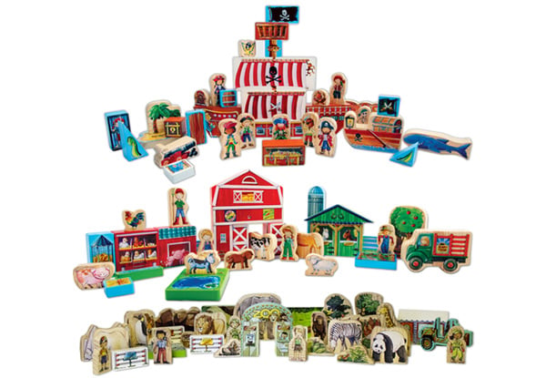 ArchiQuest Wooden Pirate, Farm, or Zoo Blocks & Storybook