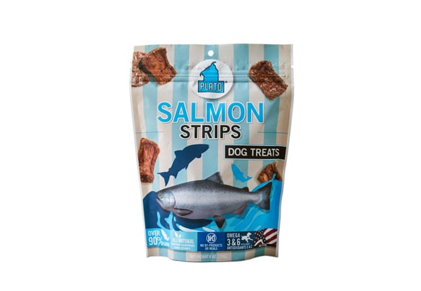 $12.95 for a 170g Bag of Plato Salmon Strips Dog Treats