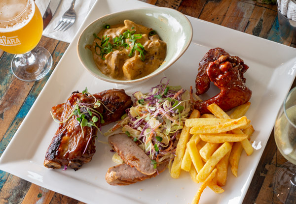 Shared Platter for Two incl. Tuatara Craft Beer or Any Wine Each with Beef Cheek Curry, Spare Pork Ribs, Chips & Sticky Wings - Options for up to Four People