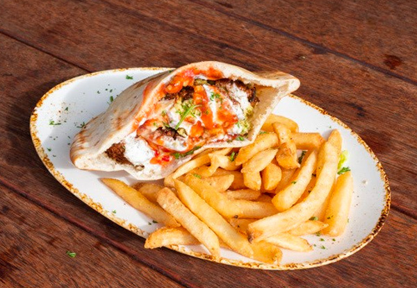 Two Souvlakis or Chicken Burgers incl. Fries