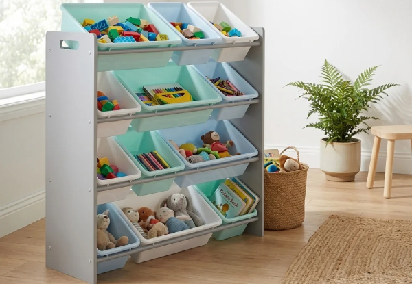 Toy Storage Organiser with 12 Plastic Bins