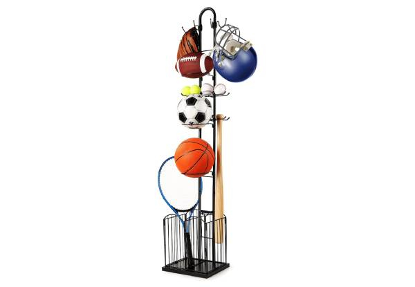 Four-Tier Sports Equipment Storage Rack with Basket