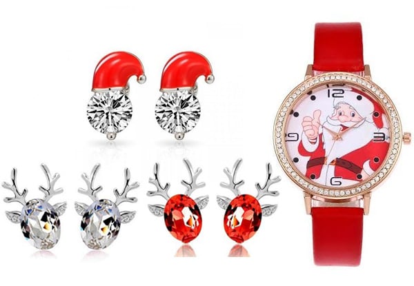 Christmas Jewellery Collection - Options for Reindeer Earrings, Santa Hat Earrings or Santa Watch with Free Delivery