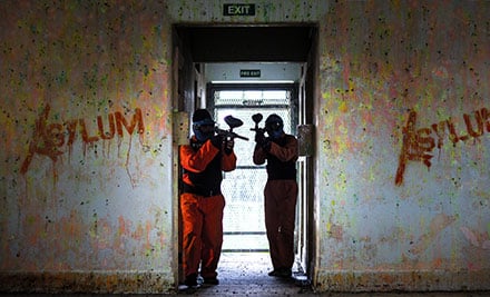 From $18 for Three Hours of Paintball in a Former Mental Asylum incl. 200 Paintballs & Equipment – Options for up to 30 People, Indoor/Outdoor Available (value up to $1,200)