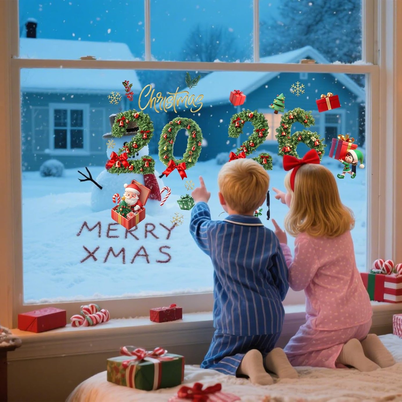 2026 Christmas Window Clings, 1Sheet New Years Eve Window Decorations, Green Pine Bell DIY Double-Sided Window Stickers Suitable for Home Decor