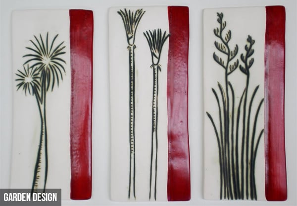 $69 for a Set of Three NZ Crafted Ceramic Garden Design Wall Tiles, or $49 for a Set of Three Ceramic Heart Wall Tiles