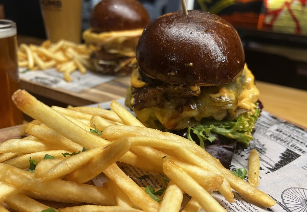 Two Gourmet Burgers & Two Fries at Two Thumb on Manchester – Option for Four Burgers & Four Fries