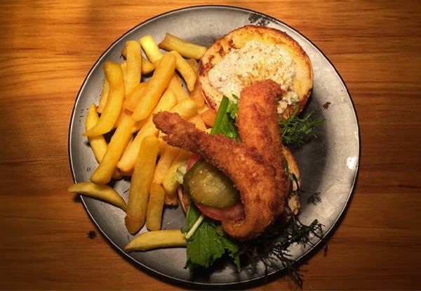Two Hunger Monger Fish Burgers Served with Fries