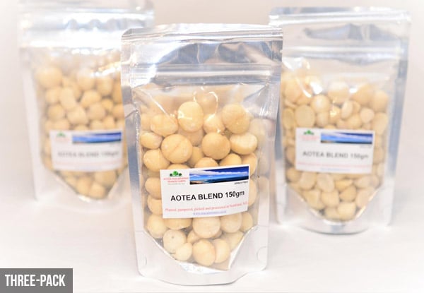 Three-Pack of 100% Natural Aotea Macadamias - Option for Six-Pack of 150G Available