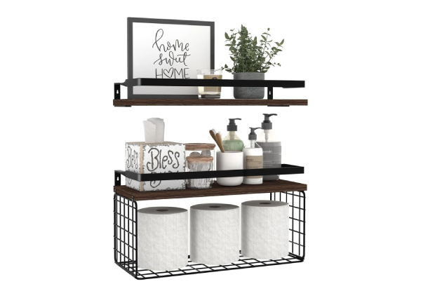 Wall-Mounted Floating Bathroom Shelves with Wire Basket