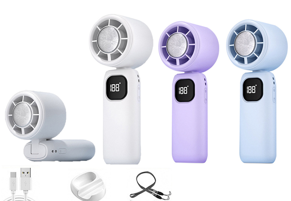 Two-in-One 100 Speed USB Digital Display Cooling Fan with Lanyard & Phone Holder - Available In Three Colours