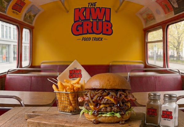 Two Barbecue Bacon Double Decker Burgers with Fries - Dine in a Double-Decker London Bus with The Kiwi Grub Food Truck