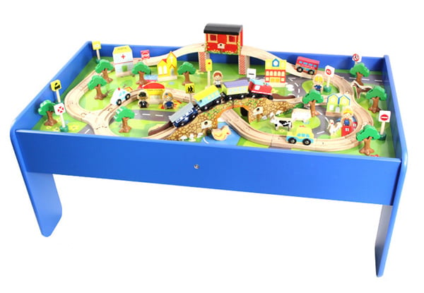 $35 for a 70-Piece Wooden Train Set, or $89 for a 100-Piece Set & Table