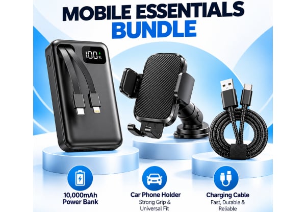 Mobile Essentials Bundle incl. HOCO J132 10,000mAh 22.5W Fast-Charging Power Bank with LED Display & Two Built-in Cables, Joyroom Car Phone Holder & Charging Cable for Your Phone (30% Off) - Pick-Up from NextGen Mobile Repairs, Papanui, Christchurch