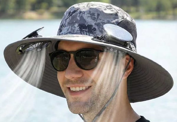Solar & USB Rechargeable Wide Brim Hat with Dual Cooling Fan