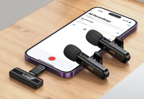 Hoco Dual Wireless Lapel Mic with USB-C Connector, Lightning Adaptor, & DSP Noise Cancellation — photo 5