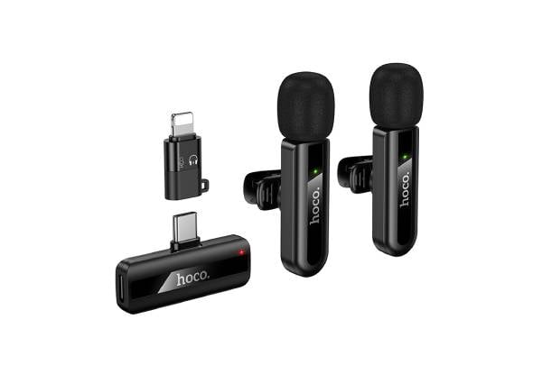 Hoco Dual Wireless Lapel Mic with USB-C Connector, Lightning Adaptor, & DSP Noise Cancellation