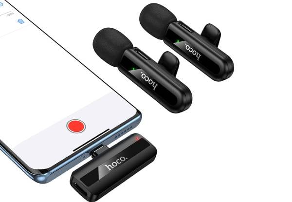 Hoco Dual Wireless Lapel Mic with USB-C Connector, Lightning Adaptor, & DSP Noise Cancellation — photo 4