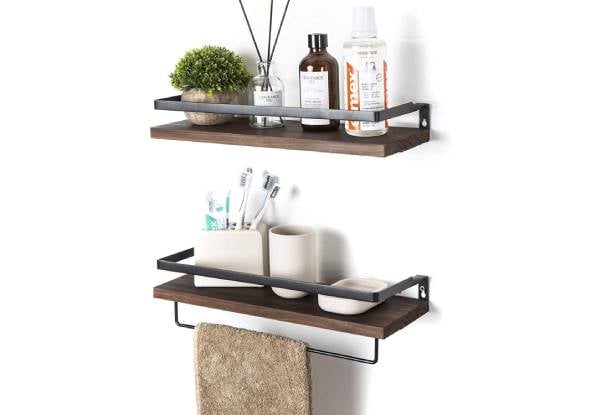Two-Tier Rustic Floating Wall Shelves with Rails