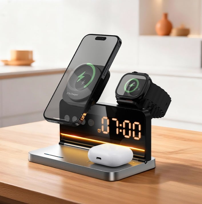 Hoco 15W 4-in-1 Magnetic Wireless Fast Charger with Alarm Clock — photo 2