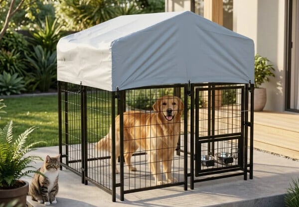 Heavy-Duty Outdoor Dog Kennel with Weather Cover & Feeder Bowls